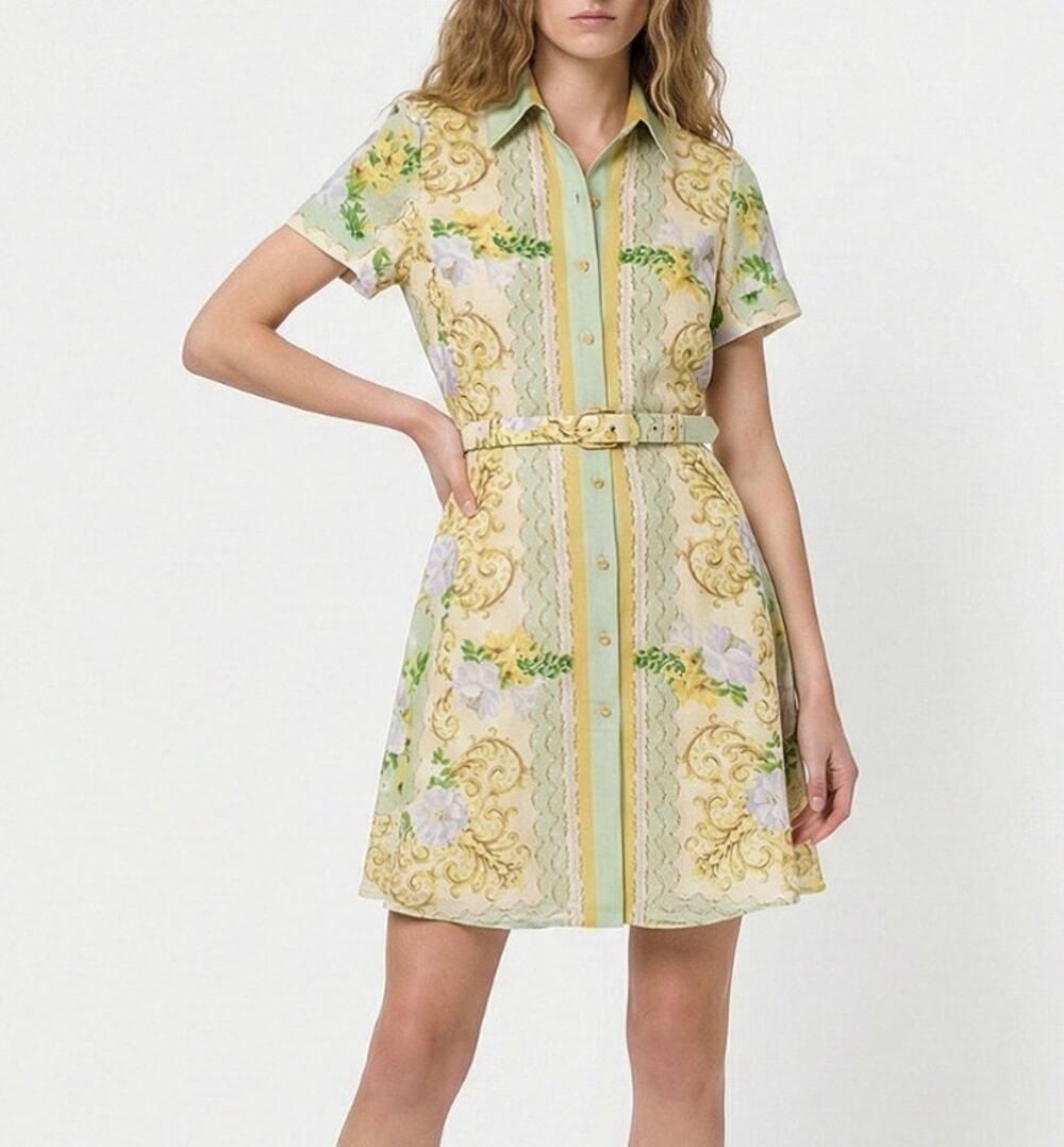 Taylor Belted Floral Collared Shirt Dress Seafoam Green/Gold Sz 12